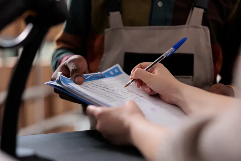 Un responsabile di magazzino firma un documento di consegna